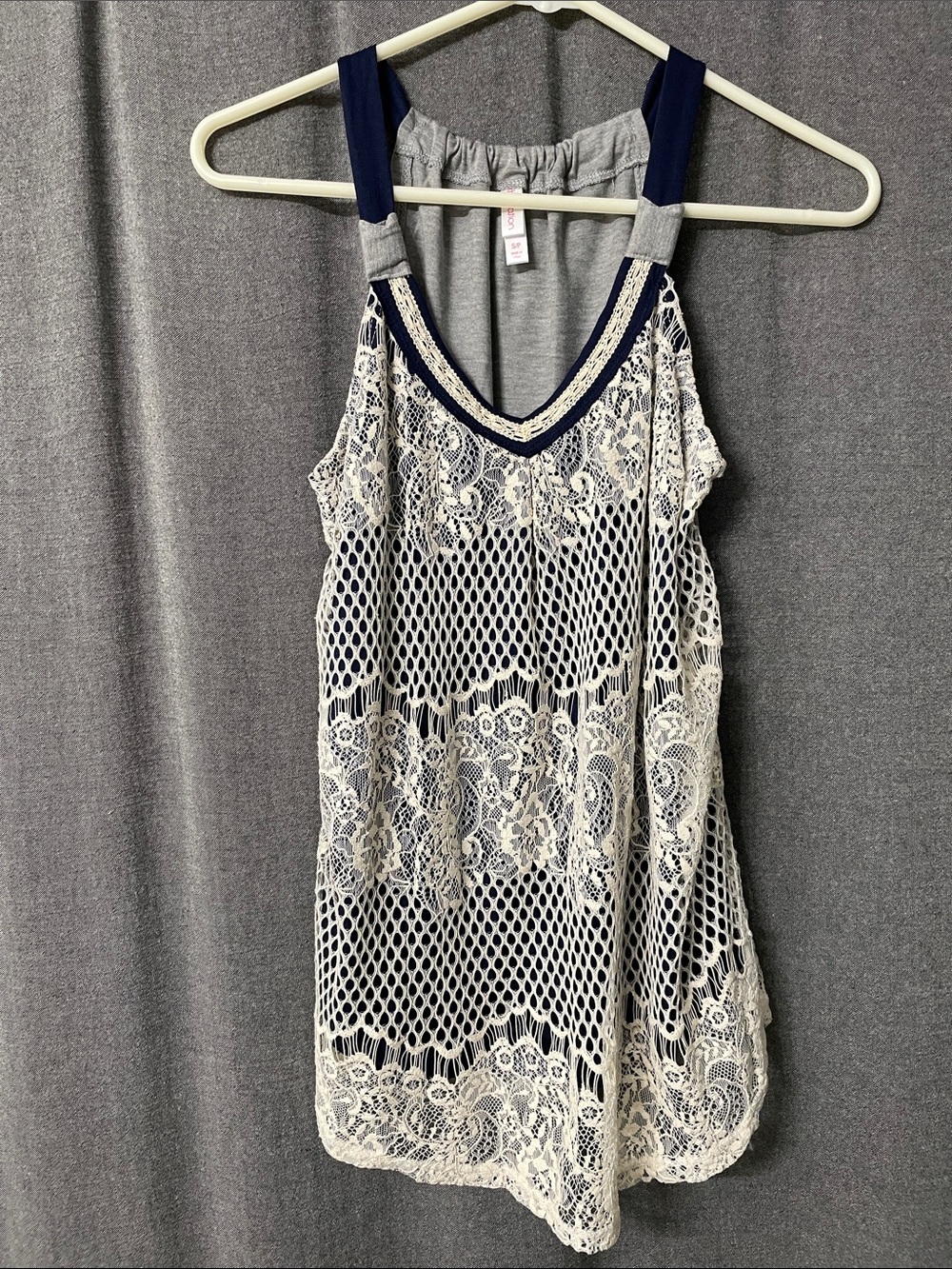 Xhilaration Navy and White Lace Overlay Tank